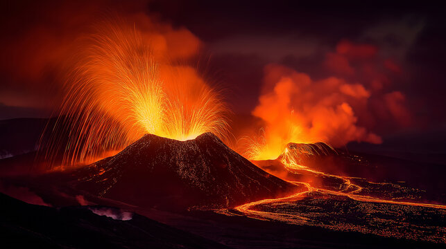 A shield volcano in full eruption at night, rivers of glowing molten orange-red lava flowing down the volcanic flanks and entering the ocean in explosive steam clouds