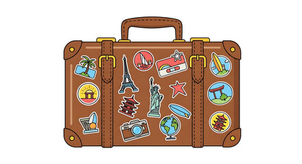 A colorful vector illustration of a vintage suitcase adorned with travel stickers