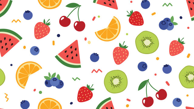 Colorful and vibrant seamless pattern of fresh fruit slices like watermelon, kiwi, and orange mixed with strawberries, cherries, and blueberries.