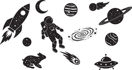 Astronaut floats in space with planets and stars and rocket ship © GraphicGrove