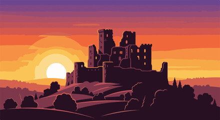Obraz premium Ruined castle silhouetted against a vibrant pixel art sunset over rolling hills
