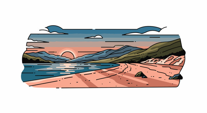 Stylized coastal scene with gentle waves lapping a sandy beach at sunset