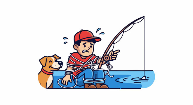 An anxious fisherman tangled in his line with a happy dog