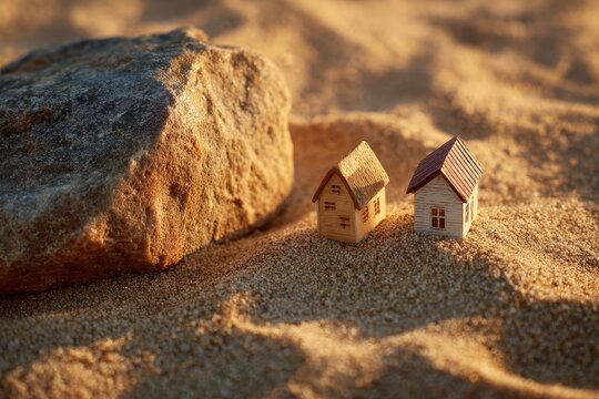 Tiny homes on contrasting surfaces of sand and stone, a visual parable about foundation and obedience