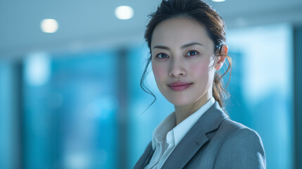 Obraz premium Confident Japanese Businesswoman Standing Indoors with Futuristic Cityscape