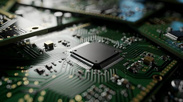 Close up of modern electronic circuit board with microchip and components for technology and innovation