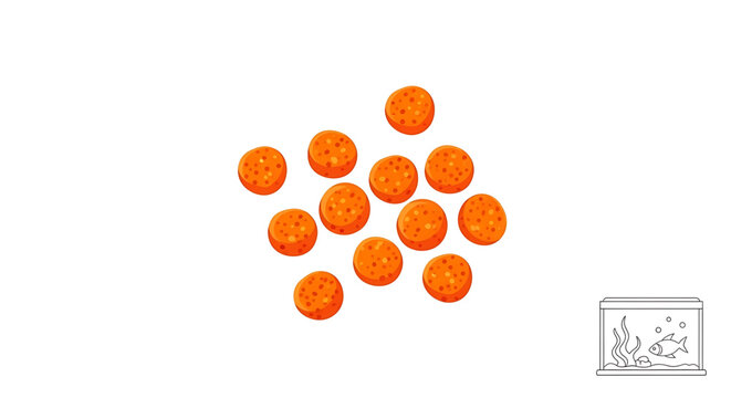 A vector graphic illustration of fish food pellets and an aquarium.