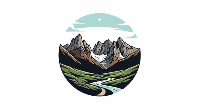 Stylized mountain range with winding river through green valley under sky