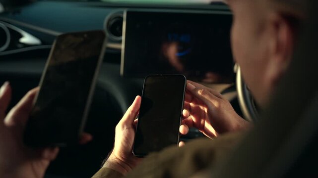 Close-up of female passenger paying taxi fare with smartphone in back seat. Mobile payment, ride-hailing service, cashless transaction and urban transportation lifestyle concept.

