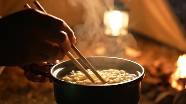Close-up of hands cooking instant ramen noodles in a pot over a glowing campfire, providing a comforting and warm meal during a serene night of outdoor camping and travel adventure.