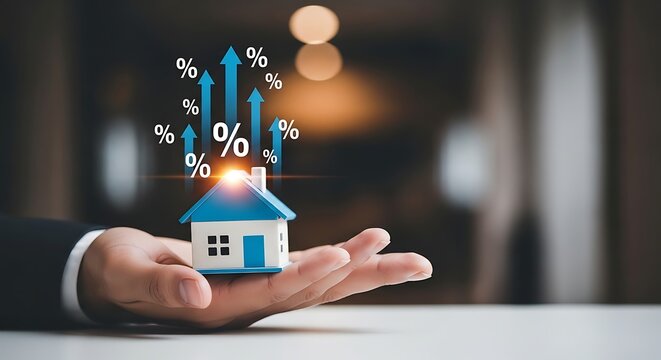 Hand holding small blue and white house with rising percentage symbols real estate growth