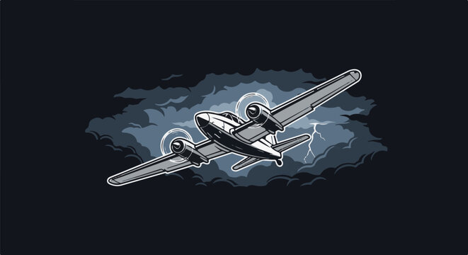 Vintage twin-engine airplane flying through a stormy sky with lightning