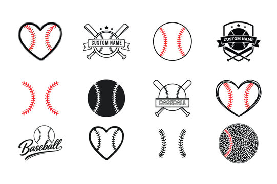 Baseball badge heart stitch icon set flat vector isolated on white background