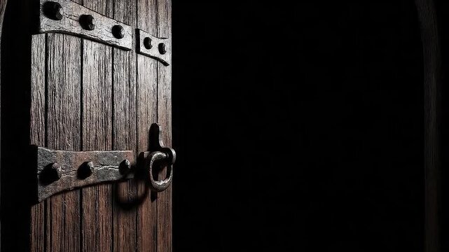 An old, medieval wooden door opens on a black background. This animation is a perfect transition or intro for revealing a title or a new scene.