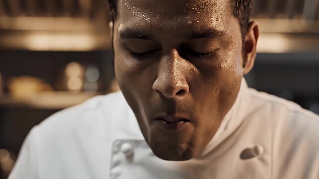 Professional Male Chef in White Uniform Concentrated on Tasting Delicious Food in a Busy Restaurant Kitchen Setting