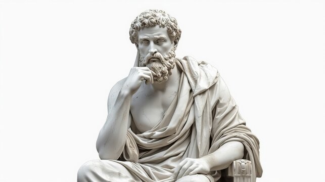 Marble statue of a thoughtful ancient greek philosopher sitting in contemplation with a pensive expression on a white background