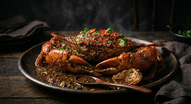 Singapore Black Pepper Crab Mud Crab in Aromatic Black Pepper Butter Sauce Dark Background