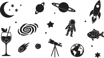 Black and white space and astronomy icons with cocktail glass © GraphicGrove