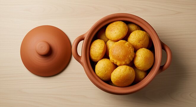 Golden bolinhos de chuva in a terracotta pot a delightful brazilian treat
