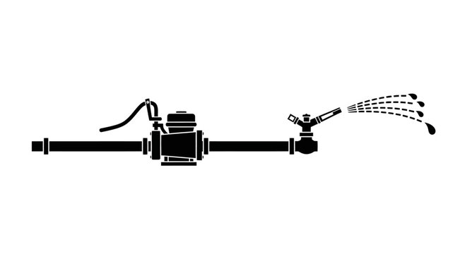 Agricultural Irrigation System Vector with Inline Water Pump and Adjustable Sprinkler Nozzle Silhouette