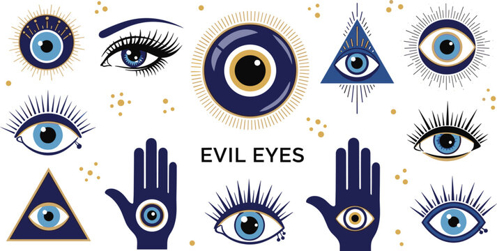 Evil Eye Symbol Set with Protective Nazar Amulet, Mystic Eyes, Hand Icons, and Spiritual Elements for Cultural, Religious, and Decorative Design Collection