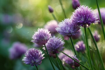 Fototapeta premium Purple chive flowers in a serene garden setting with morning light
