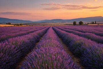 Fototapeta premium Pastel Sky over Purple Lavender Blooms: Orderly Rows in a Wide Open Landscape
