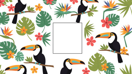 Naklejka premium Tropical themed frame with toucans perched on branches surrounded by exotic jungle leaves and colorful flowers.
