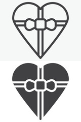 Heart shaped gift box with bow icon in line and solid styles. Outline and solid icon, editable stroke vector sign symbol. Heart gift box icon for love and romance.