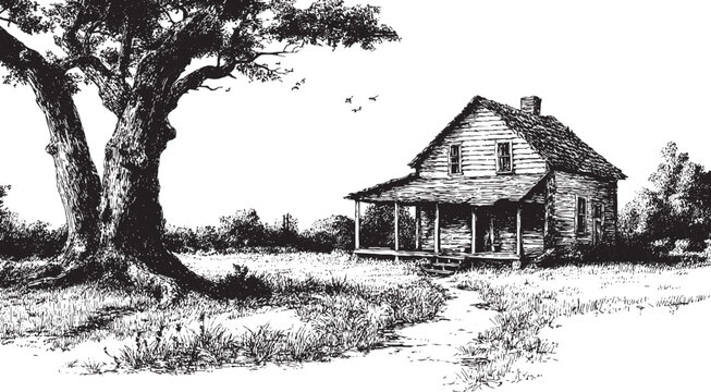 A vector illustration of a log cabin in the forest.