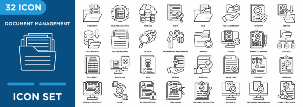 Document Management icon set illustrating document,  file management, security, reduce, record keeping for management and corporate projects.