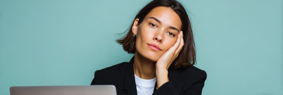 Young caucasian female adult woman bored at laptop in black blazer against teal background with hand on cheek appearing disengaged from virtual meeting or online work
