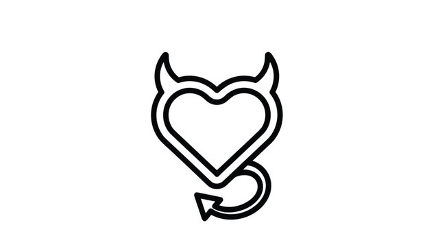 Minimalist black line art illustration of a simple heart icon featuring devil horns and a pointy tail on white background.