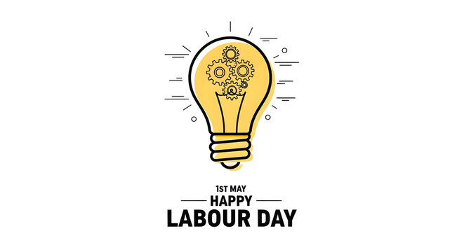 A vibrant illustration celebrating Happy Labour Day on May 1st, featuring a light bulb with gears symbolizing innovation and industry.