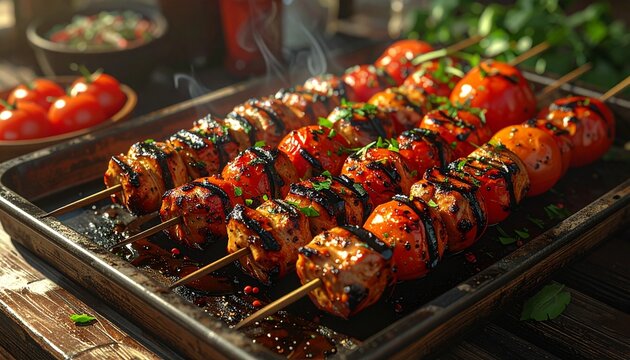 Grilled Chicken and Tomato Skewers on a Tray.