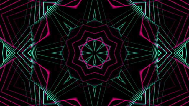 Vibrant Neon Geometric Kaleidoscope Pattern with Repeating Abstract Starburst and Octagon Shapes in Teal and Magenta Hues