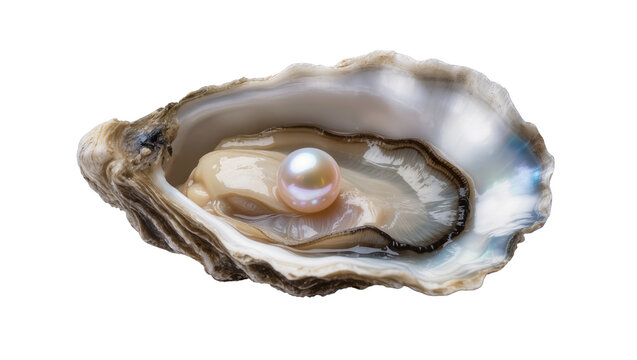 Open oyster shell with iridescent pearl, isolated on transparent background
