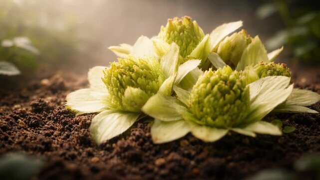 Lush green flora emerges from rich soil on Earth, showcasing intricate buds and precision in natures design, evoking tranquility and growth