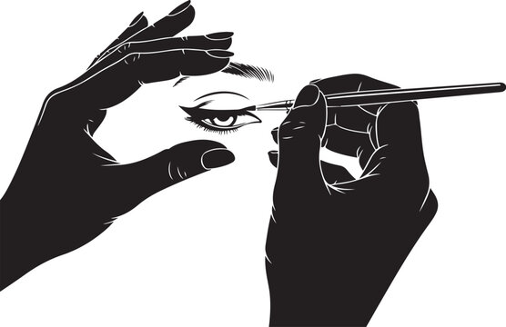 Black and white of hands applying eyeliner makeup brush