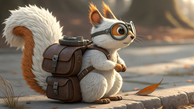 Adventurous squirrel with backpack and binoculars exploring the wilderness