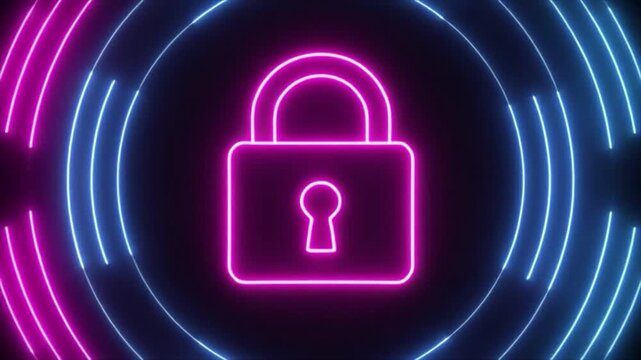 Neon pink padlock icon with glowing blue concentric circles on a dark background symbolizing security