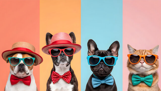 Fashionable pets sporting stylish accessories and vibrant sunglasses