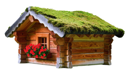 Rustic log cabin with mossy roof and red flowers in window box, isolated on transparent background © Elena