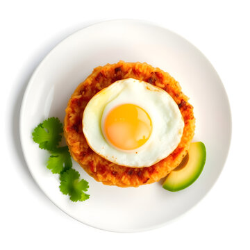 Peruvian tacu tacu crispy rice and bean patty with fried egg and salsa criolla