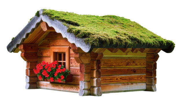 Rustic log cabin with mossy roof and red flowers in window box, isolated on transparent background