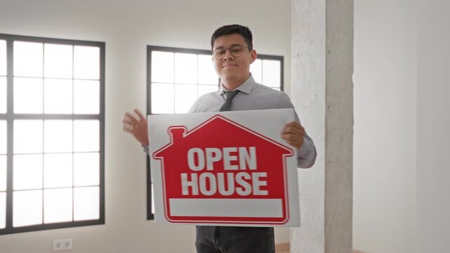 Man smiling holding open house sign in a bright building room by tall grid windows and concrete column; welcoming trust.