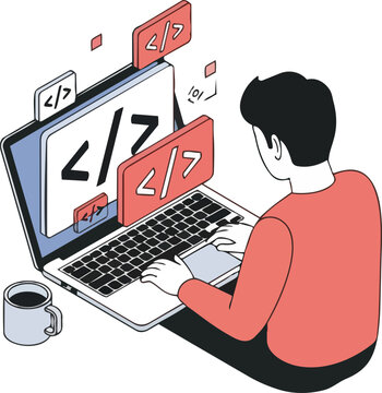 Isometric Software Developer Working on Laptop with Floating Code Symbols