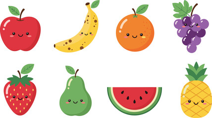 Fototapeta premium Playful cartoon illustration of eight smiling fruits including apple, banana, orange, grapes, strawberry, pear, watermelon slice, and pineapple, representing healthy food, colorful design, 