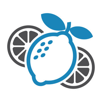 Vector featuring a blue lemon with green leaves and gray slices