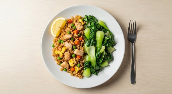 A vibrant plate of fried rice features tender chicken fresh bok choy peas and a bright lemon wedge garnish